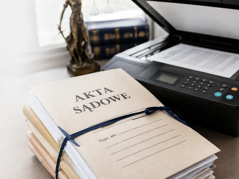 Akta sądowe obok skanera w kancelarii